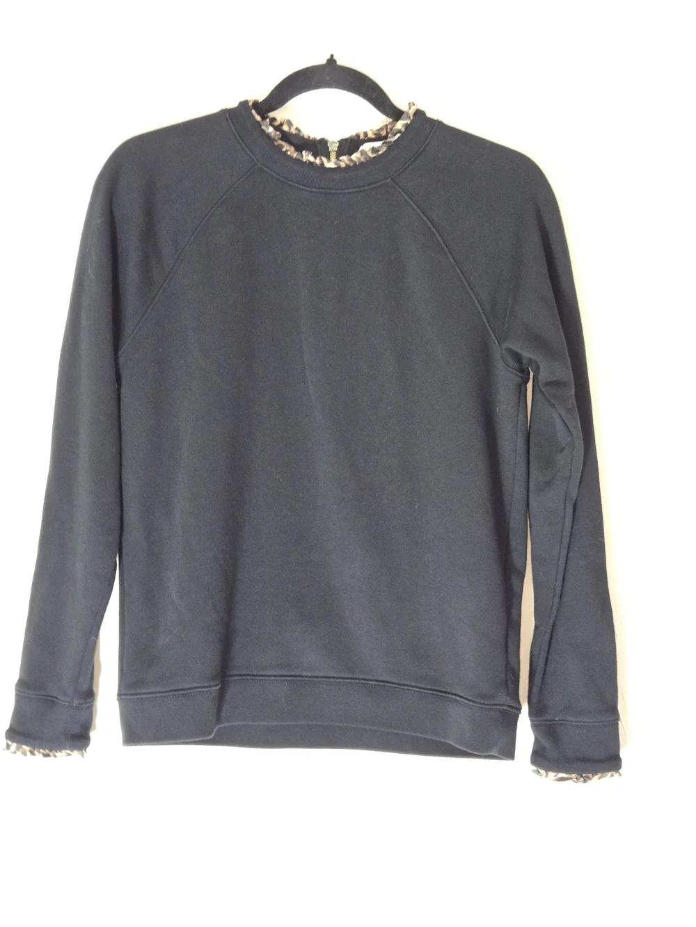 J. Crew Black Raglan Sweatshirt with Leopard Trim Collar & Cuffs